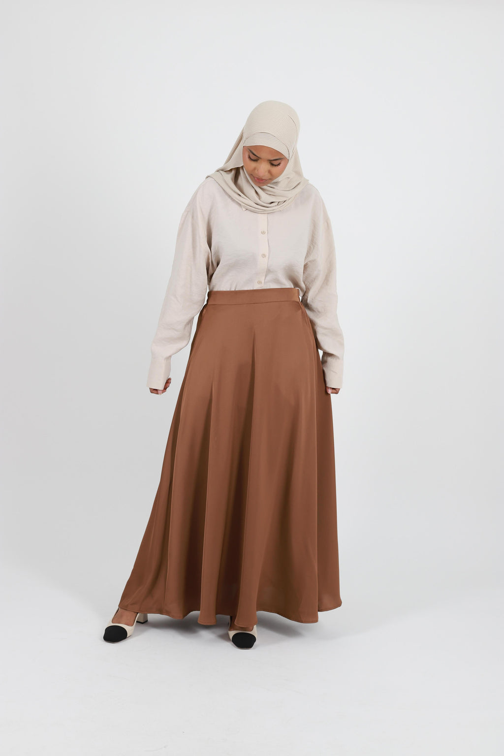 Jupe évasée satin chocolat
