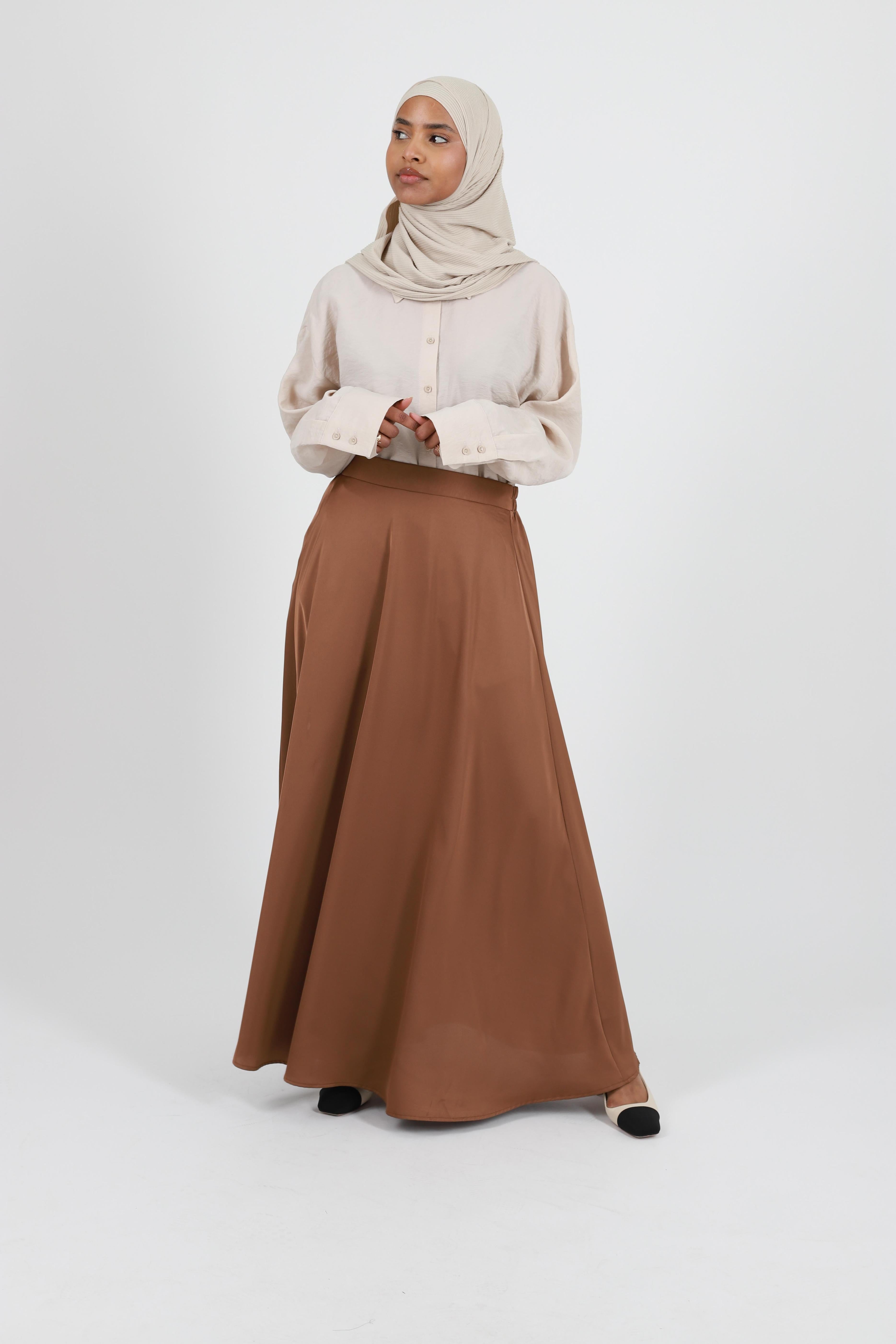 Jupe évasée satin chocolat