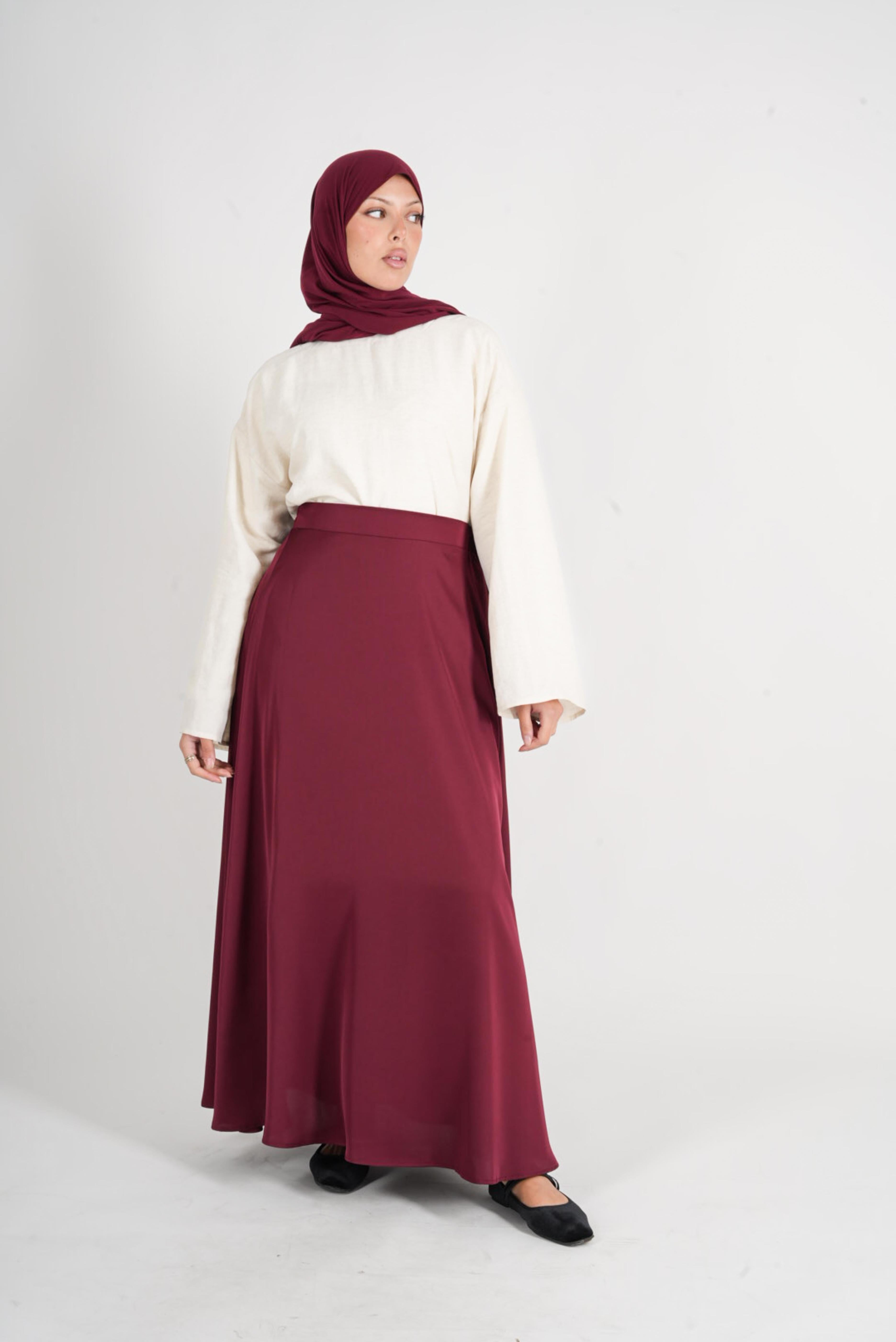 Jupe évasée satin bordeaux