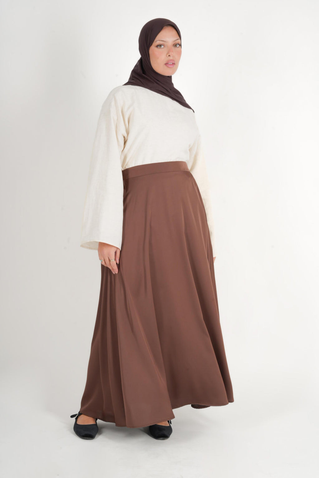 Jupe évasée satin marron