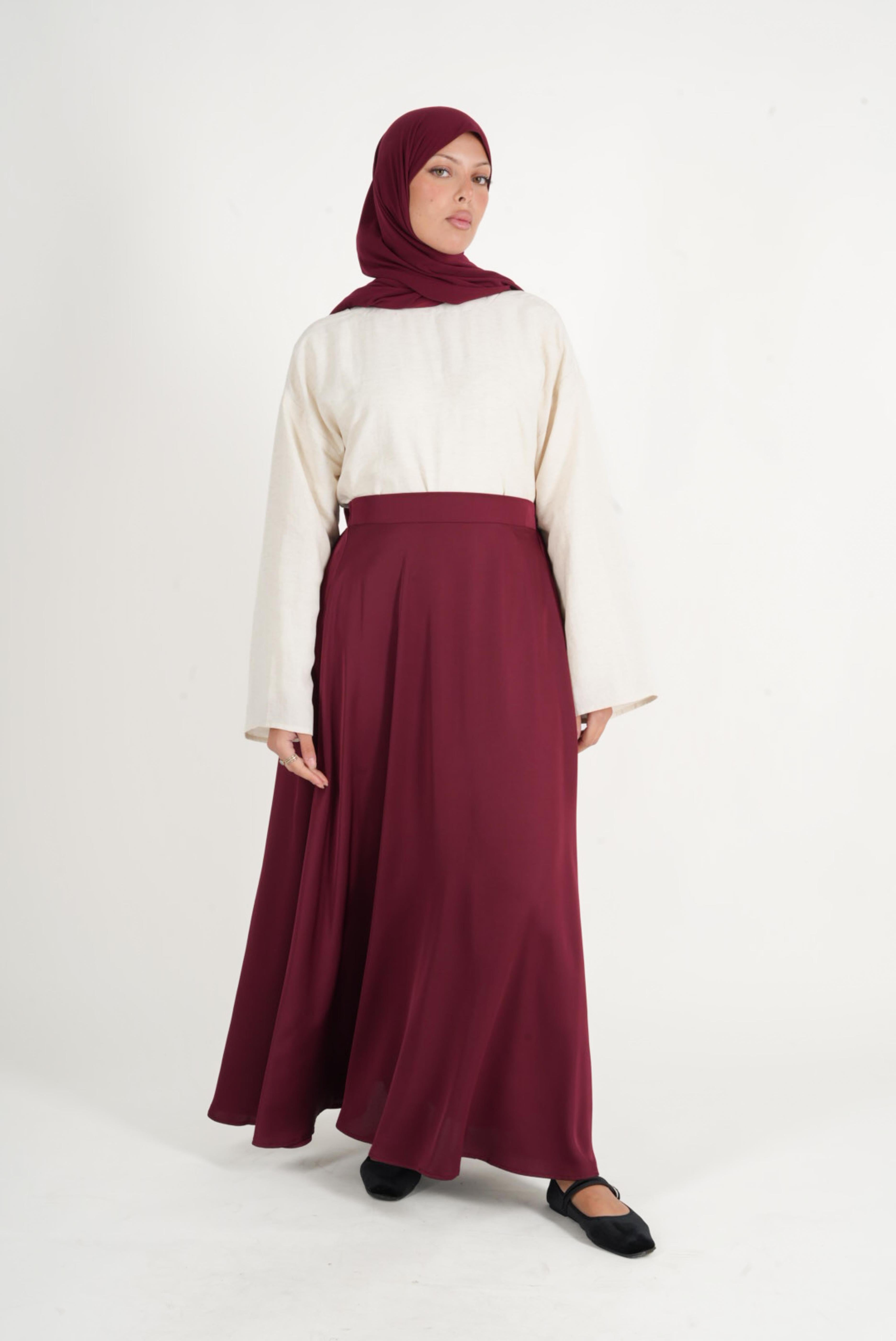 Jupe évasée satin bordeaux